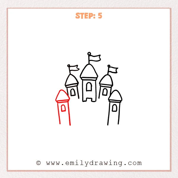 how to draw a cartoon castle - A cartoon castle now includes a new tall front-left tower with a rounded roof and an arched window, balancing the tall front-right tower.